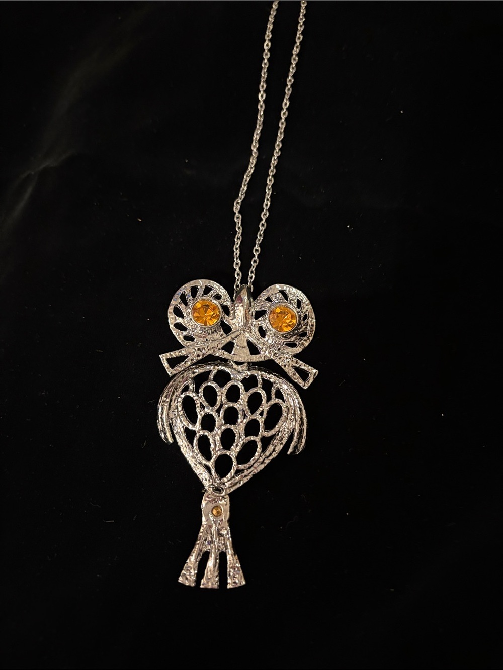 Silver Owl Pendant Necklace with Amber Stones